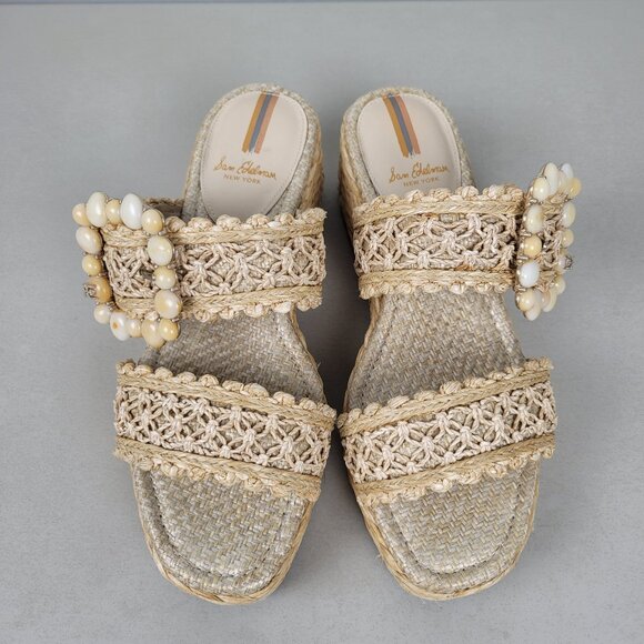 Sam Edelman Size 8M Cadance Sandals Natural Raffia Open Toe Embellished Wedge - Picture 3 of 12